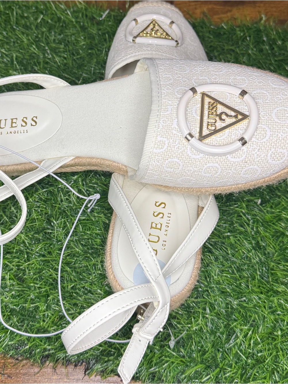 GUESS Cream Espadrille Slingback Flats with Gold Logo Accent